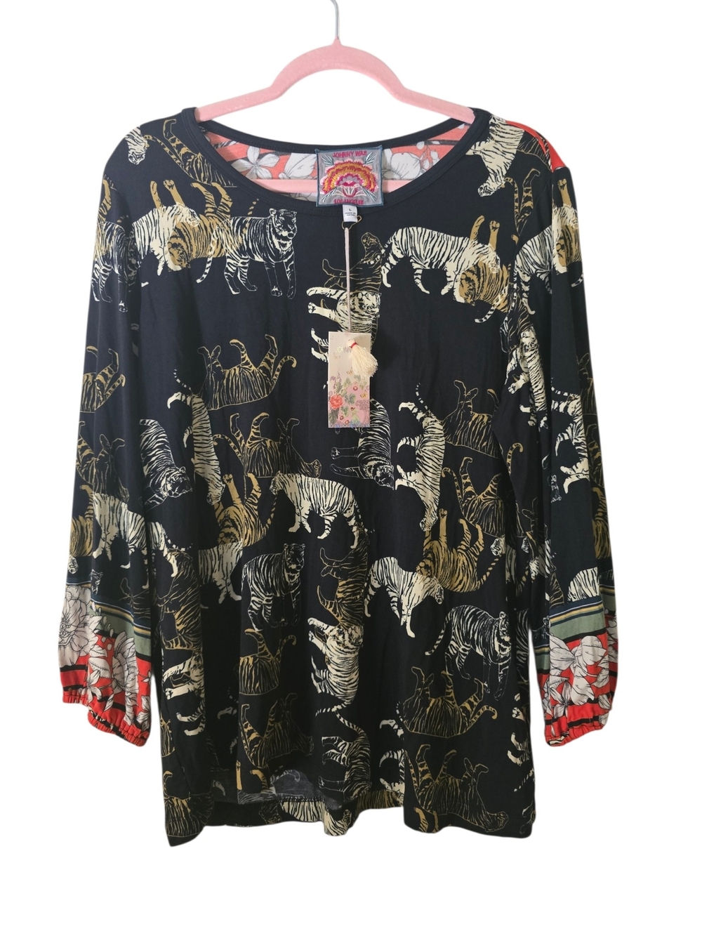 Johnny Was Black Tunic Top with Gold and Cream Tiger Print